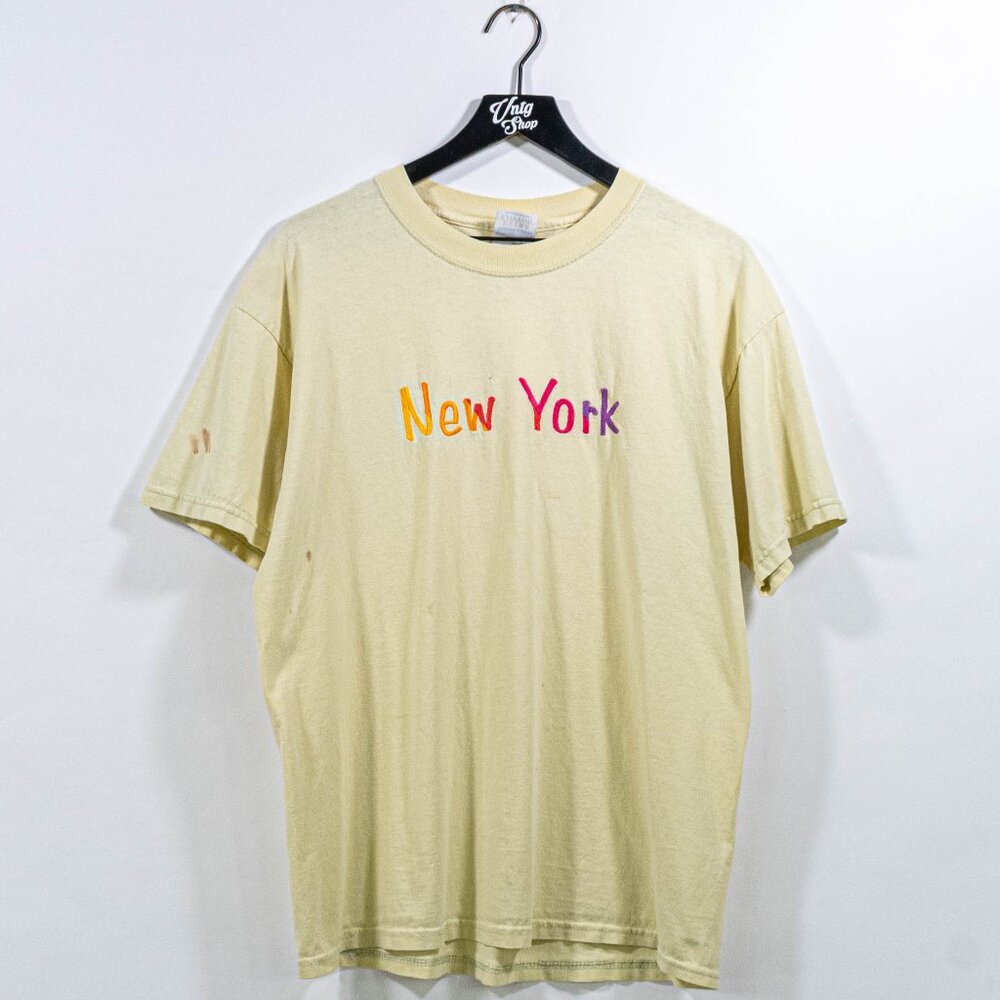 New York Embroidered Sun Faded T-Shirt Large Y2K Streetwear